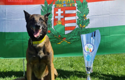 Karma az elnyert díjjal a magyar zászló előtt