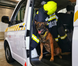 A képen Karma ül a szolgálati furgon ajtajában